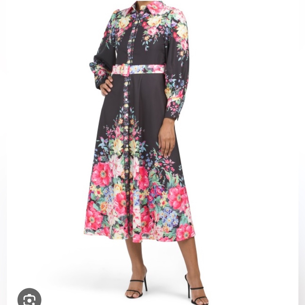 Dalia Macphee Long Sleeve collared floral Border dress